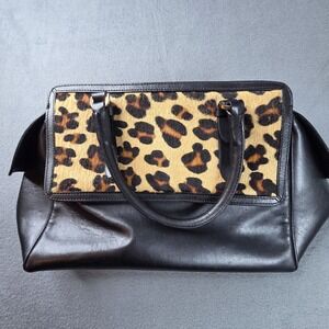 Vittoria Napoli Black Leather Leopard Calf Hair Satchel Bag Made in Italy